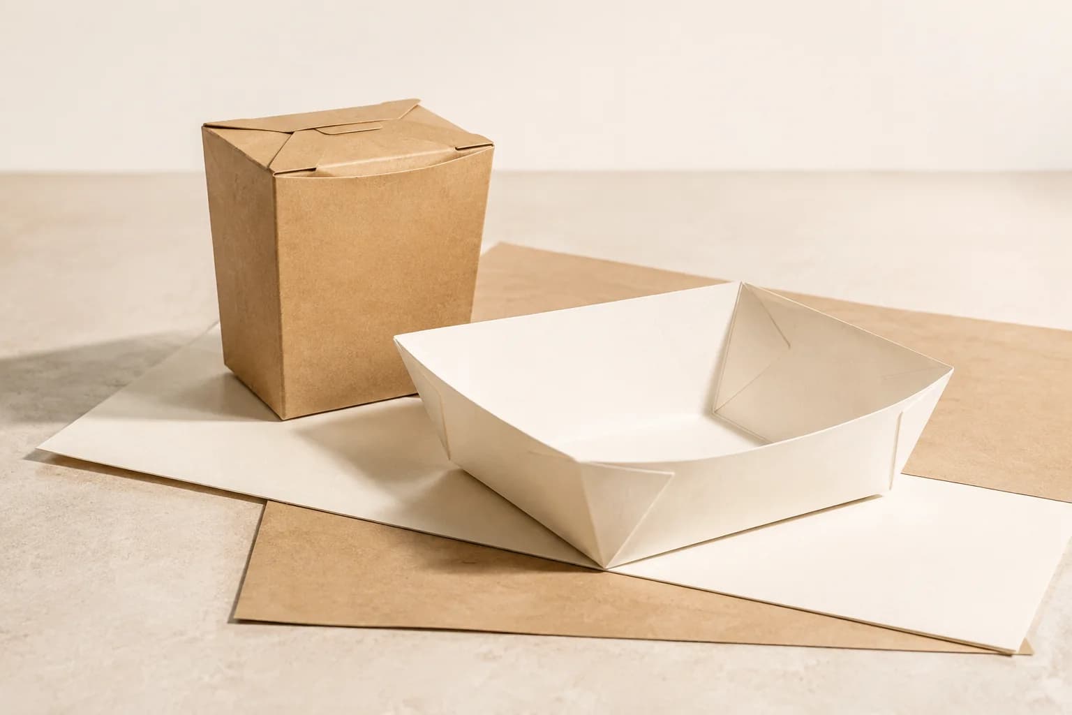 Caja kraft y bandeja de cartón sobre láminas de papel y cartulina