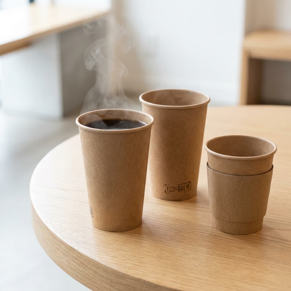 Copos de papel kraft, um com bebida quente